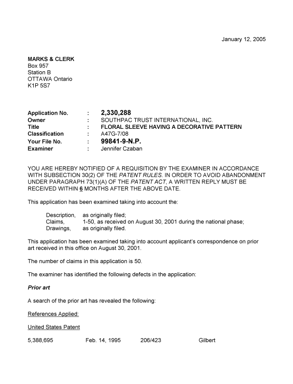 Canadian Patent Document 2330288. Prosecution-Amendment 20050112. Image 1 of 3