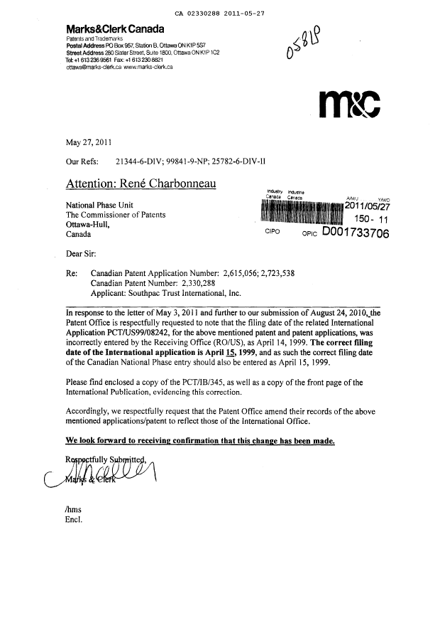 Document de brevet canadien 2330288. Correspondance 20110527. Image 1 de 3