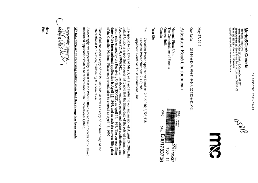 Canadian Patent Document 2330288. Correspondence 20110527. Image 1 of 3