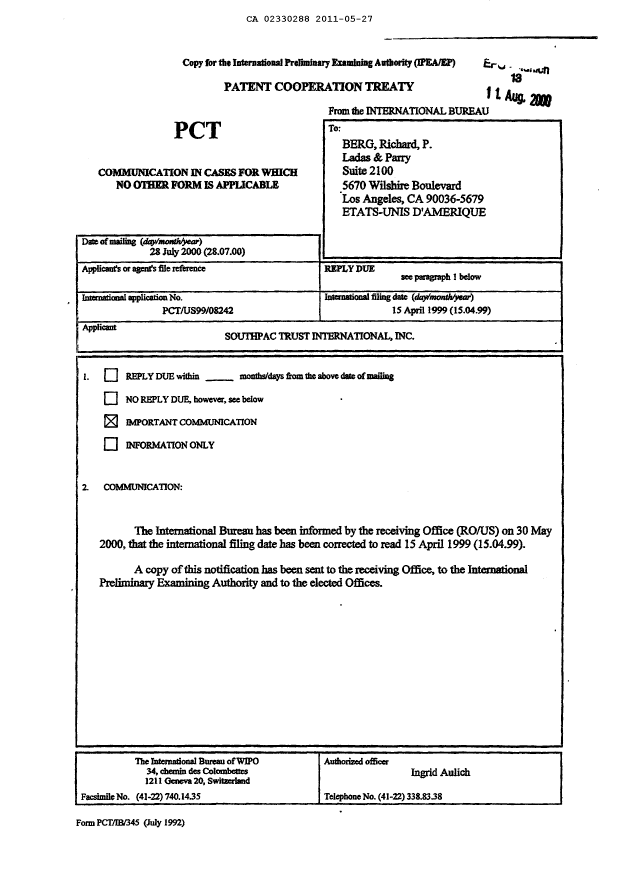 Canadian Patent Document 2330288. Correspondence 20110527. Image 3 of 3