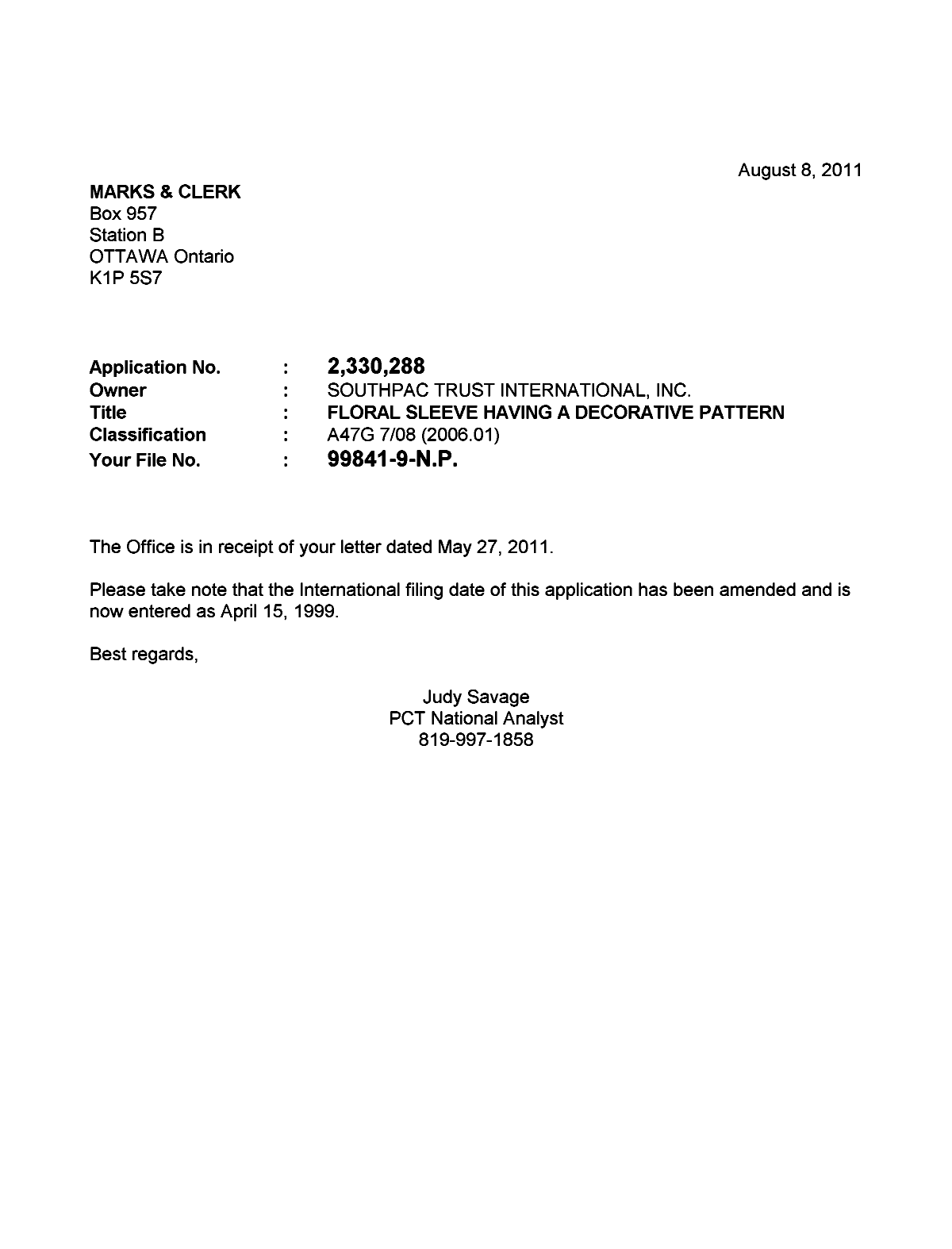 Canadian Patent Document 2330288. Correspondence 20110808. Image 1 of 1