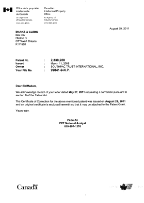 Canadian Patent Document 2330288. Prosecution-Amendment 20110829. Image 1 of 2