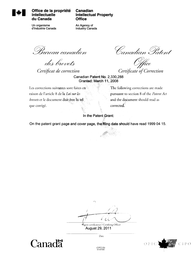 Canadian Patent Document 2330288. Prosecution-Amendment 20110829. Image 2 of 2