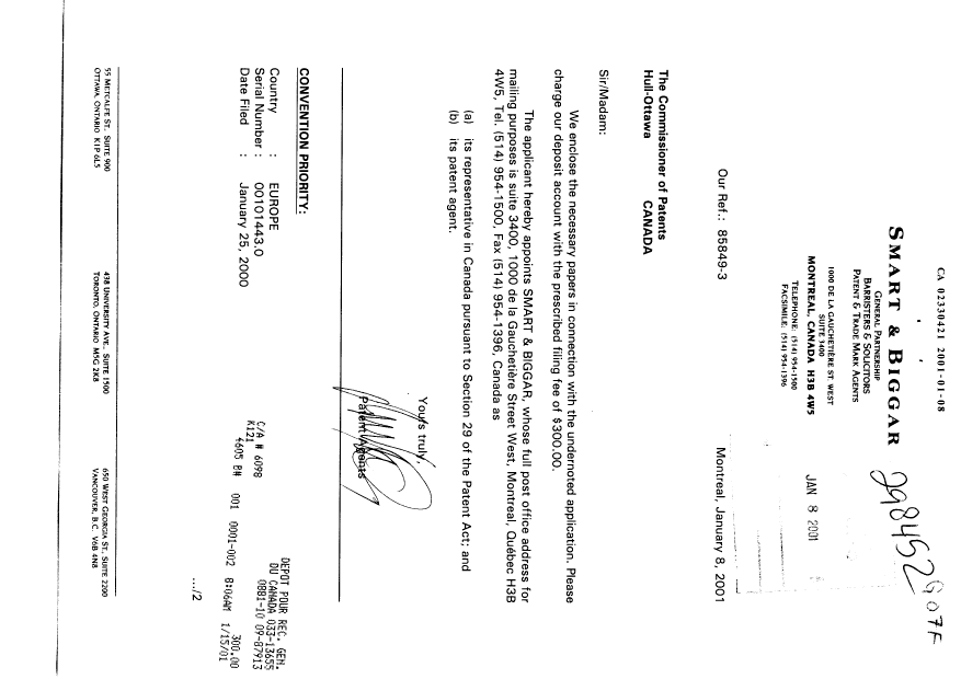 Document de brevet canadien 2330421. Cession 20010108. Image 1 de 3
