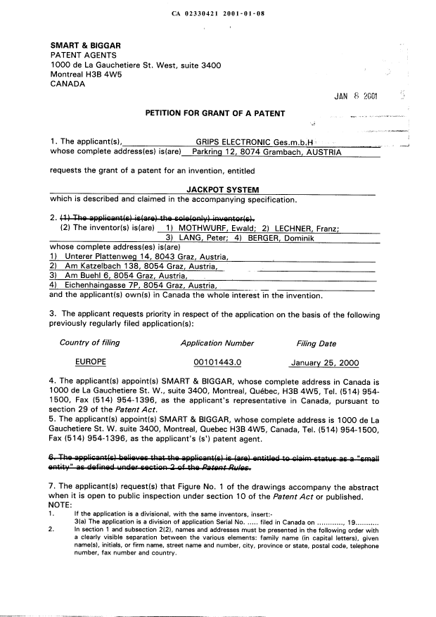 Document de brevet canadien 2330421. Cession 20010108. Image 3 de 3