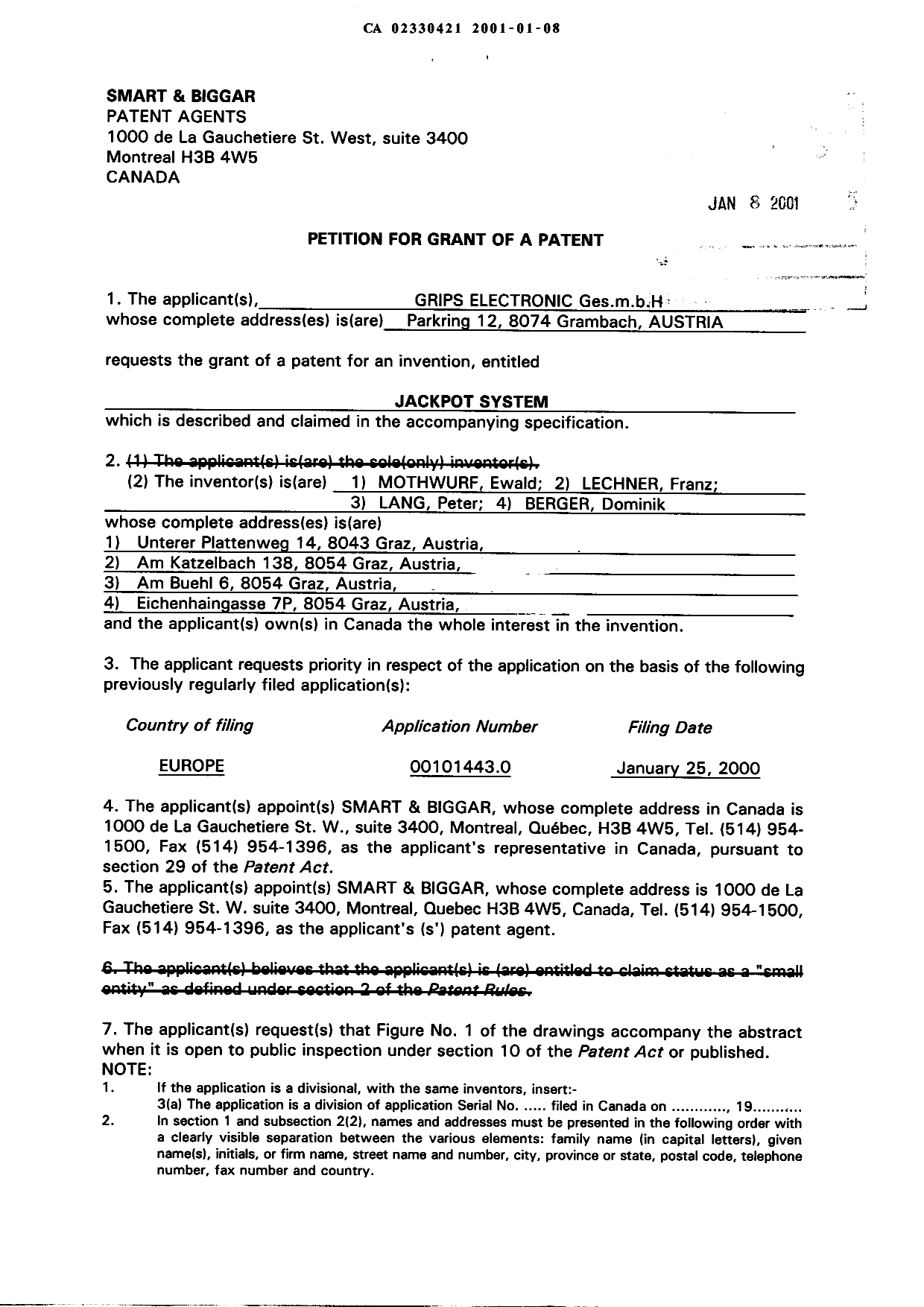 Canadian Patent Document 2330421. Assignment 20010108. Image 3 of 3