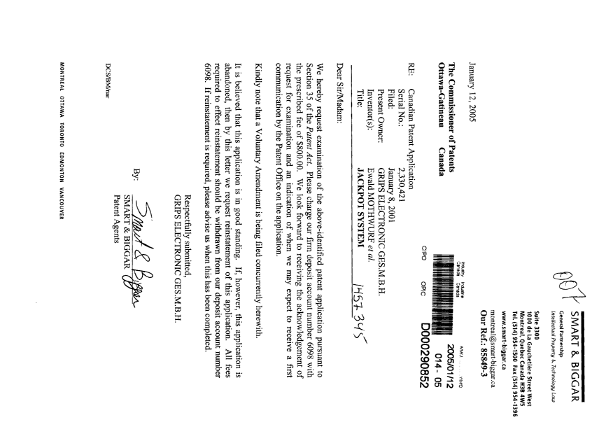 Document de brevet canadien 2330421. Poursuite-Amendment 20050112. Image 1 de 1