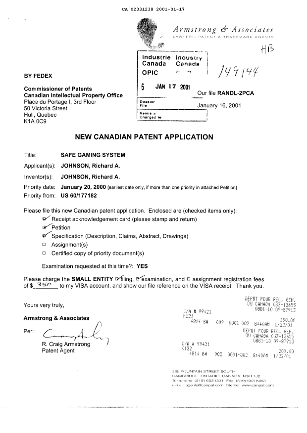 Document de brevet canadien 2331238. Cession 20010117. Image 1 de 3