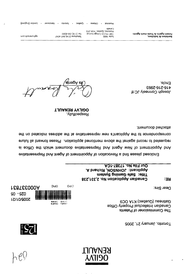 Canadian Patent Document 2331238. Correspondence 20041221. Image 1 of 2