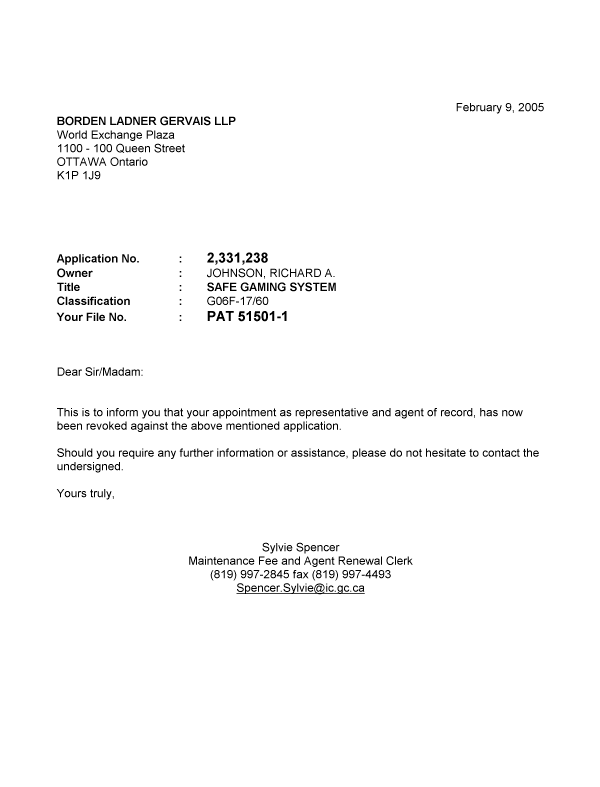 Document de brevet canadien 2331238. Correspondance 20050209. Image 1 de 1