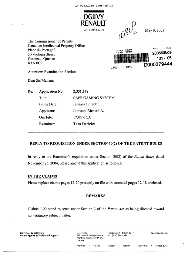 Document de brevet canadien 2331238. Poursuite-Amendment 20050509. Image 1 de 17