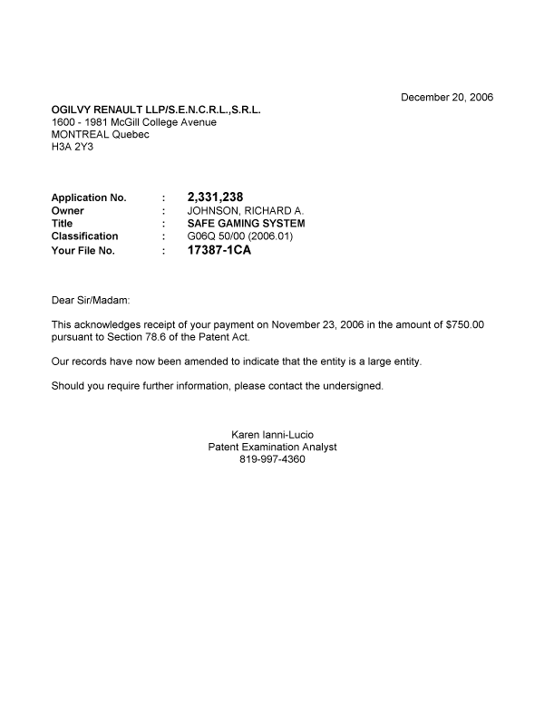 Document de brevet canadien 2331238. Correspondance 20061220. Image 1 de 1