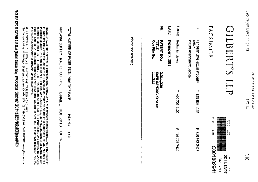 Document de brevet canadien 2331238. Cession 20101207. Image 7 de 7