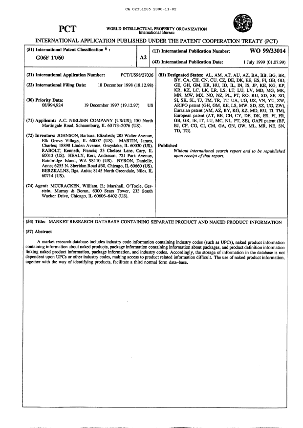 Document de brevet canadien 2331285. Abrégé 20001102. Image 1 de 1