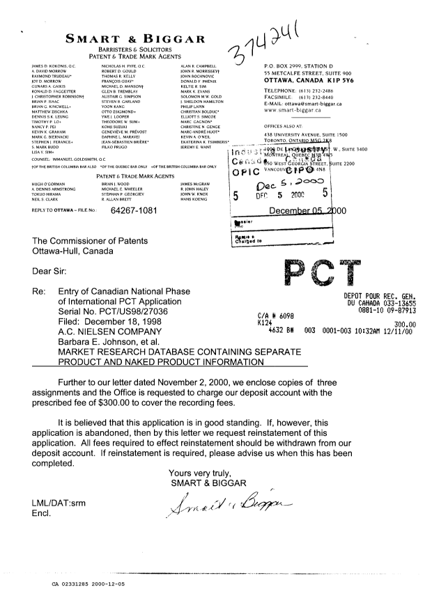 Canadian Patent Document 2331285. Assignment 20001205. Image 1 of 13