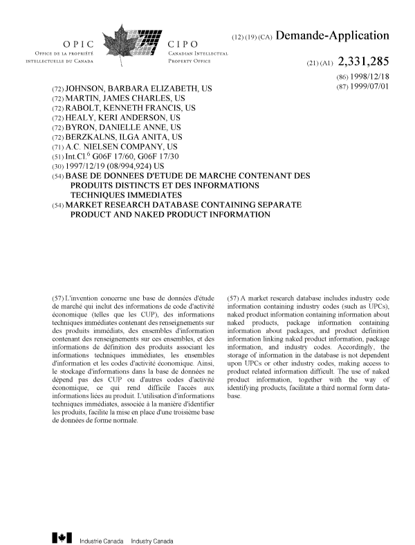 Document de brevet canadien 2331285. Page couverture 20010306. Image 1 de 1