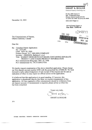 Canadian Patent Document 2331285. Prosecution-Amendment 20031218. Image 1 of 1