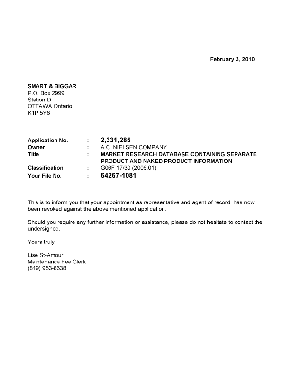 Document de brevet canadien 2331285. Correspondance 20100203. Image 1 de 1
