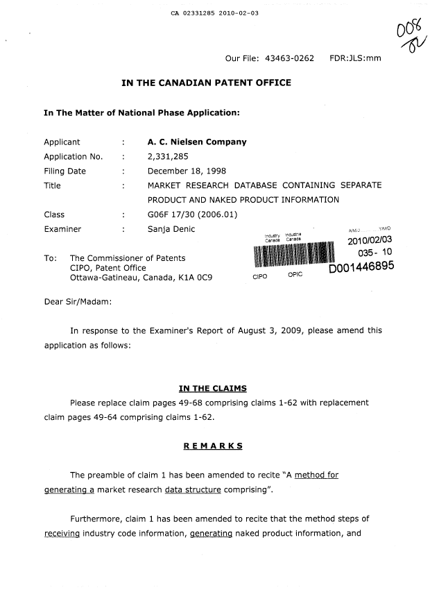 Canadian Patent Document 2331285. Prosecution-Amendment 20100203. Image 1 of 18