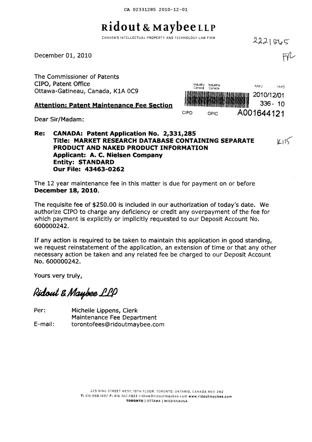 Document de brevet canadien 2331285. Taxes 20101201. Image 1 de 1