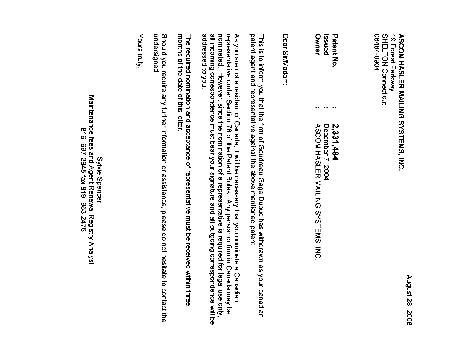 Canadian Patent Document 2331484. Correspondence 20080828. Image 1 of 1