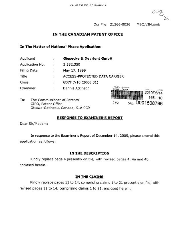 Document de brevet canadien 2332350. Poursuite-Amendment 20100614. Image 1 de 17