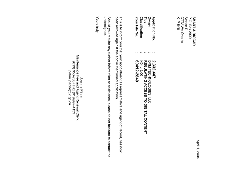Document de brevet canadien 2332447. Correspondance 20040401. Image 1 de 1