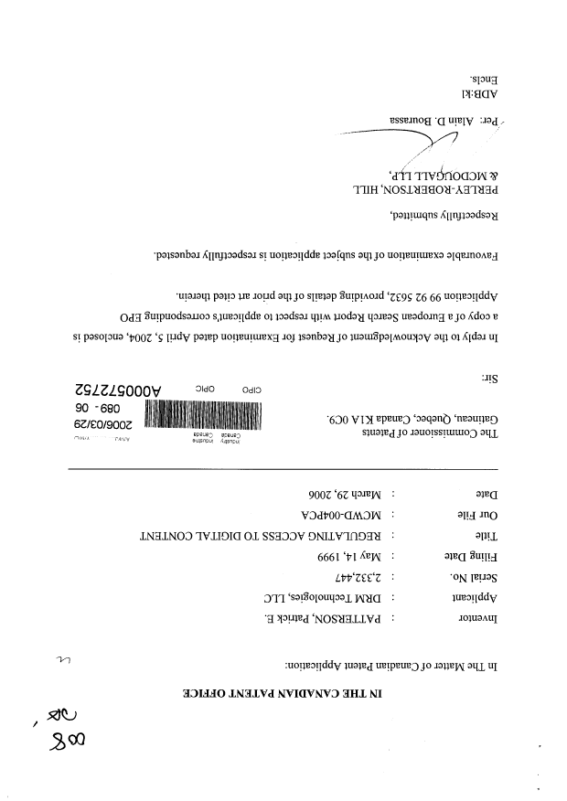 Canadian Patent Document 2332447. Prosecution-Amendment 20060329. Image 1 of 1