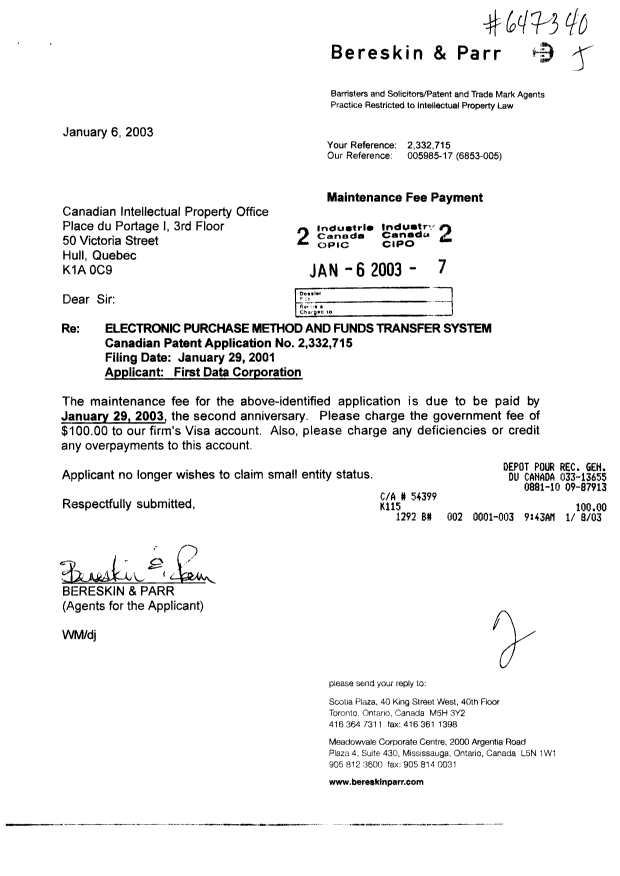 Document de brevet canadien 2332715. Taxes 20030106. Image 1 de 1