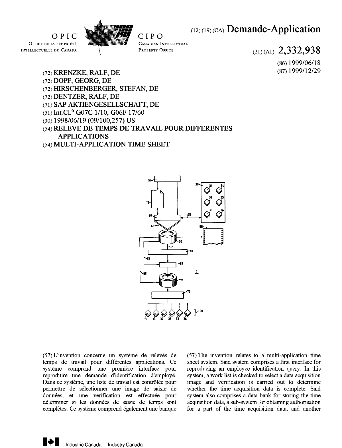 Canadian Patent Document 2332938. Cover Page 20010316. Image 1 of 2