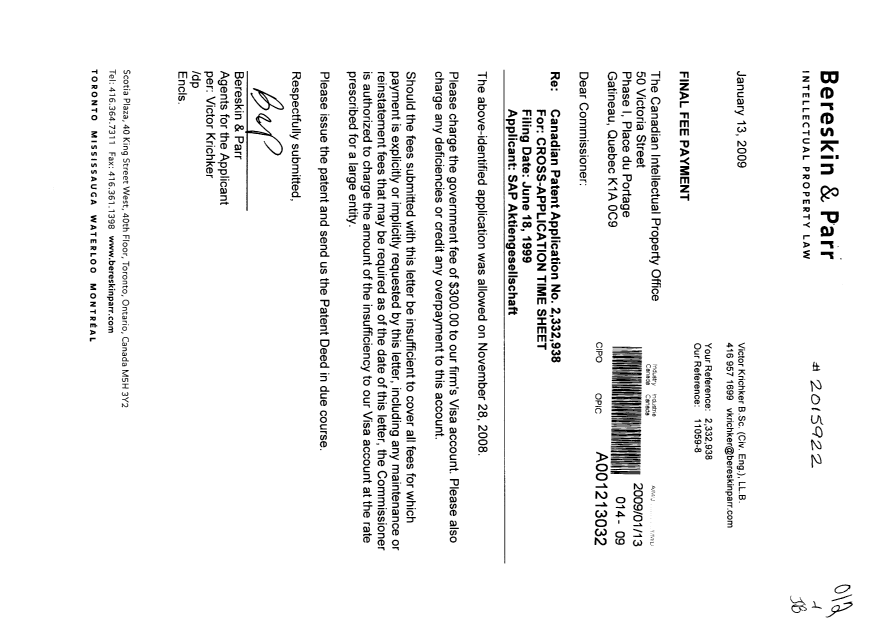Document de brevet canadien 2332938. Correspondance 20090113. Image 1 de 1
