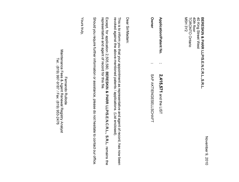 Document de brevet canadien 2332938. Correspondance 20101109. Image 1 de 1