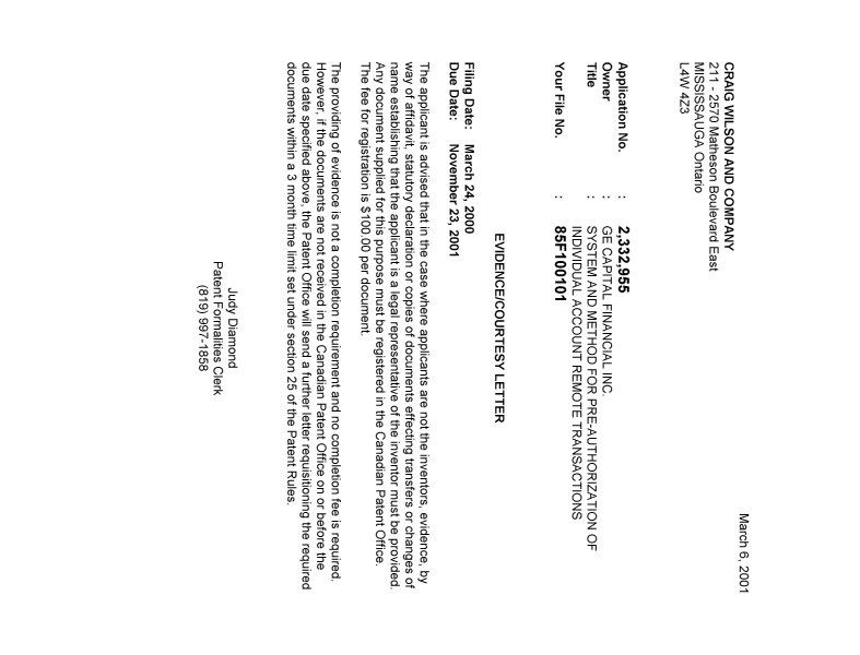 Document de brevet canadien 2332955. Correspondance 20010228. Image 1 de 1
