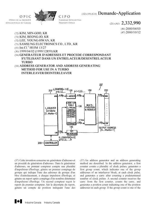 Document de brevet canadien 2332990. Page couverture 20010319. Image 1 de 2