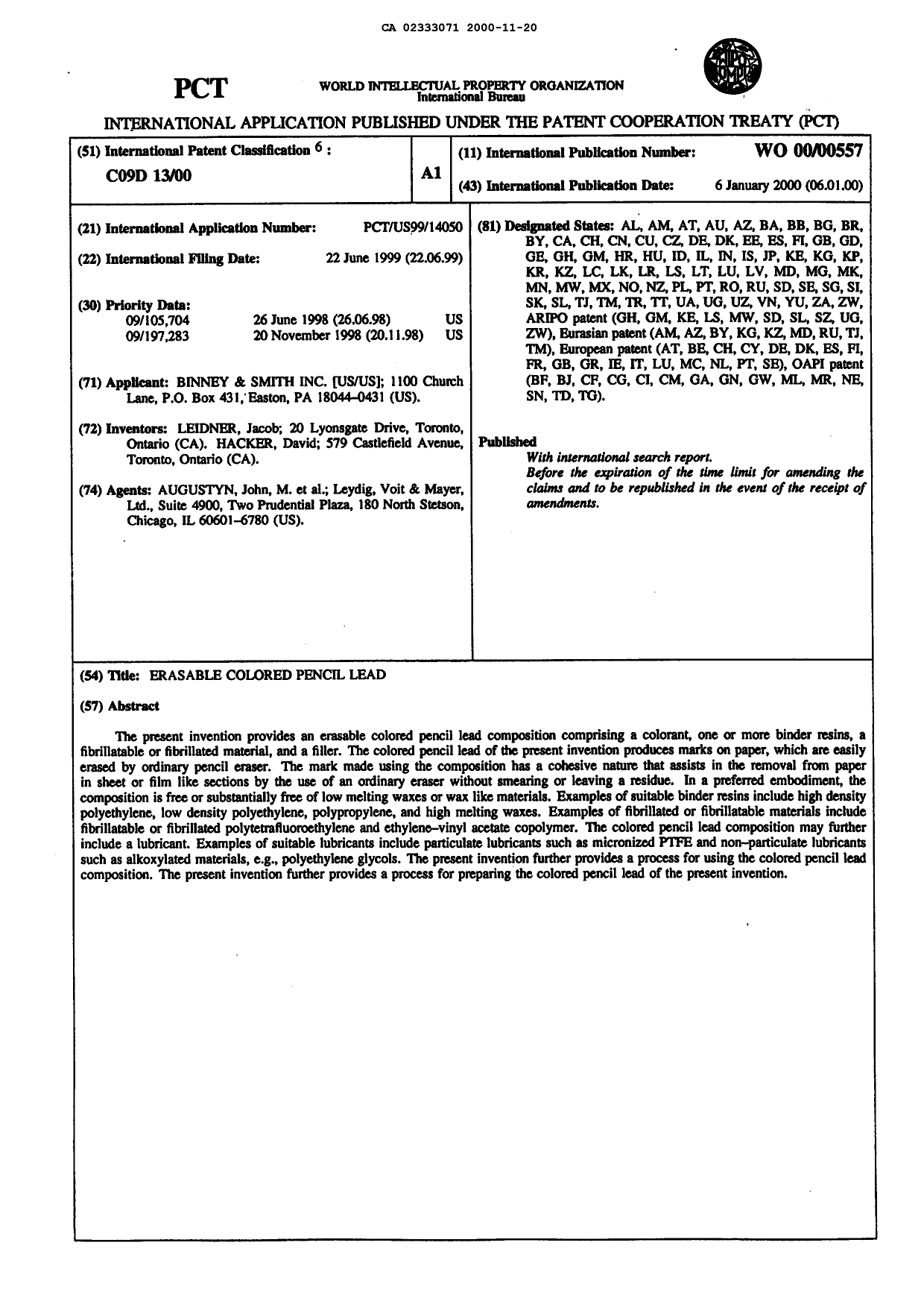 Document de brevet canadien 2333071. Abrégé 20001120. Image 1 de 1