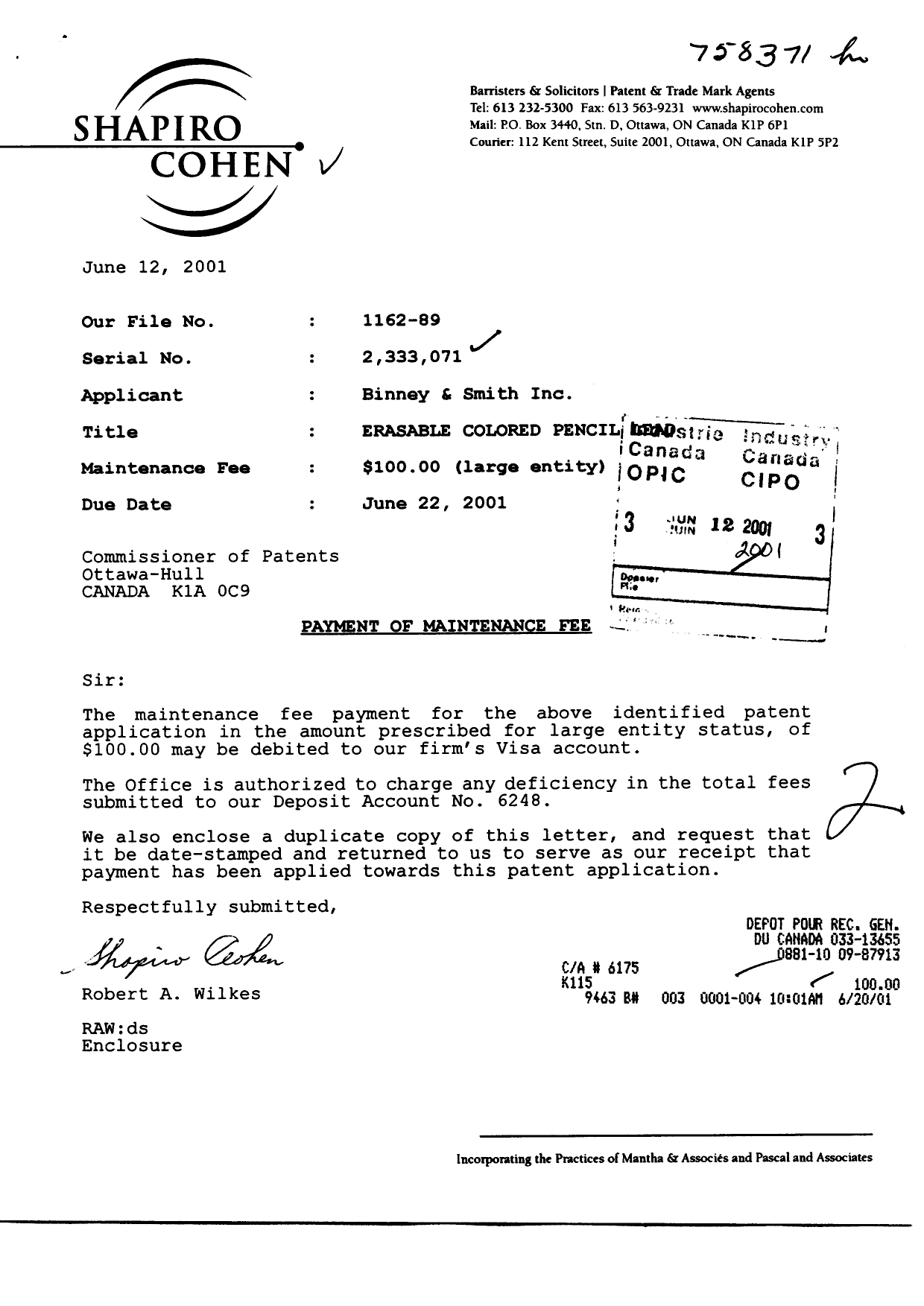 Document de brevet canadien 2333071. Taxes 20010612. Image 1 de 1