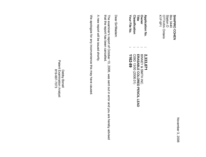 Document de brevet canadien 2333071. Correspondance 20061103. Image 1 de 1