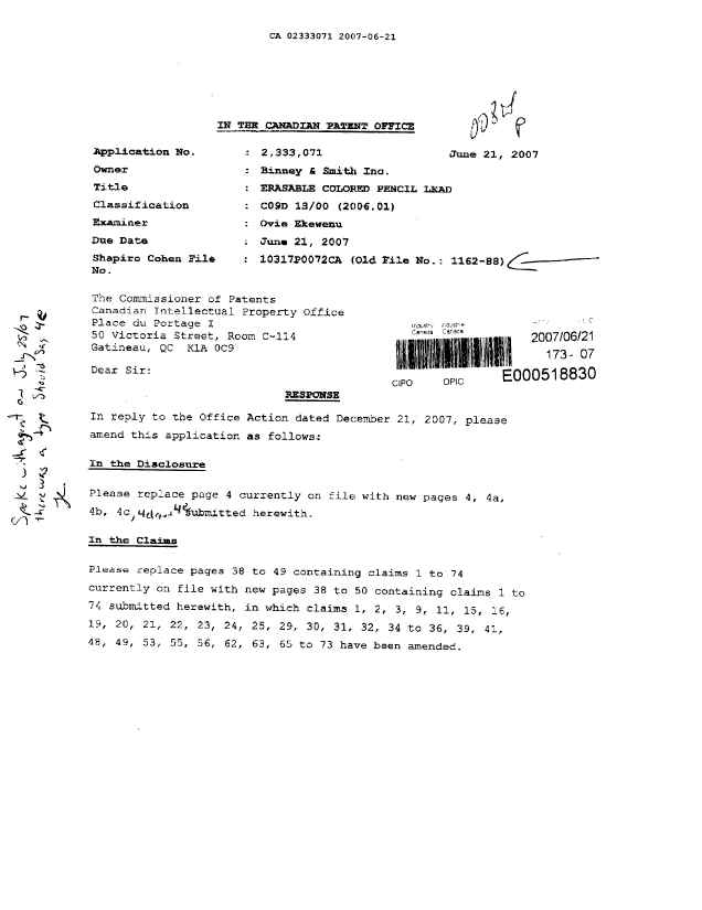 Canadian Patent Document 2333071. Prosecution-Amendment 20070621. Image 1 of 26