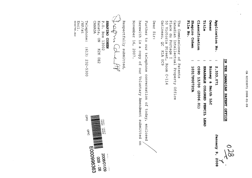 Document de brevet canadien 2333071. Correspondance 20080109. Image 1 de 24
