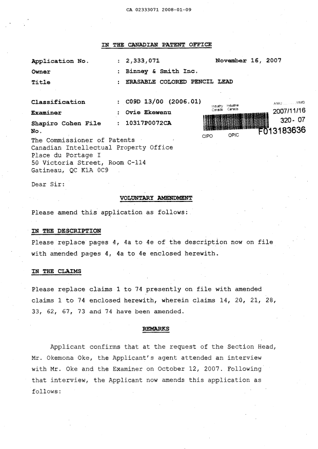 Document de brevet canadien 2333071. Correspondance 20080109. Image 2 de 24