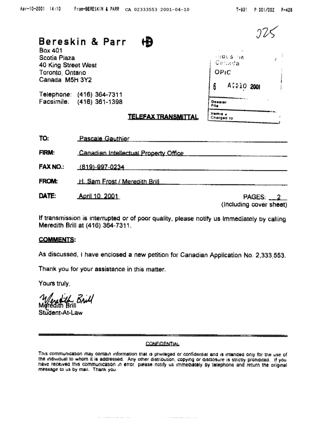 Canadian Patent Document 2333553. Assignment 20010410. Image 1 of 2