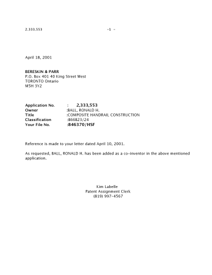 Canadian Patent Document 2333553. Correspondence 20010418. Image 1 of 1