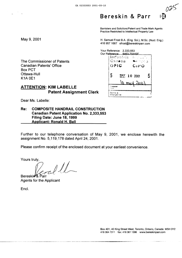 Document de brevet canadien 2333553. Cession 20010510. Image 1 de 2
