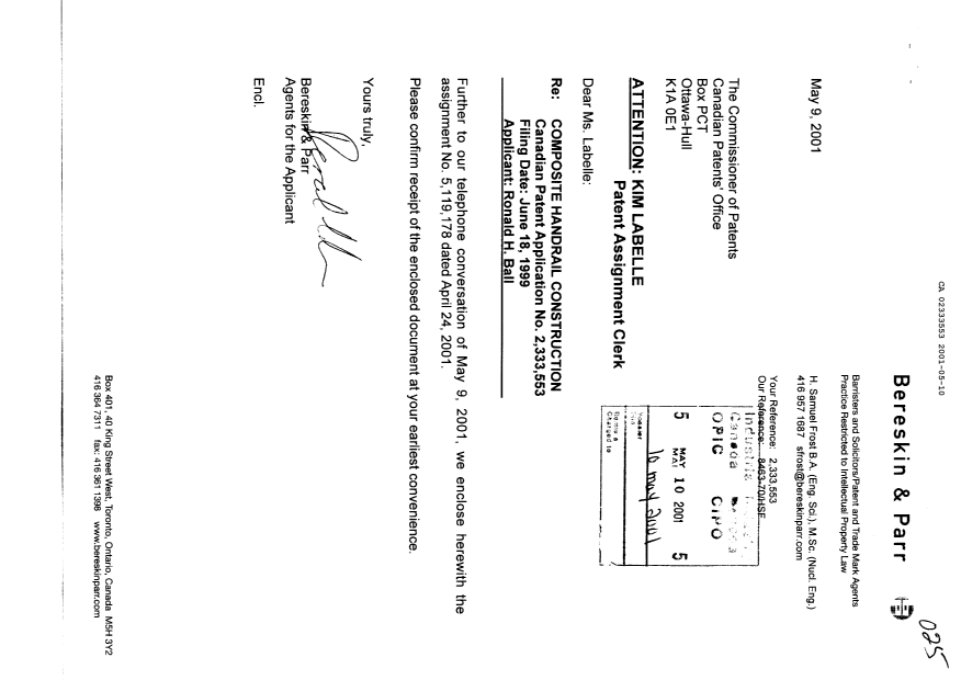Canadian Patent Document 2333553. Assignment 20010510. Image 1 of 2