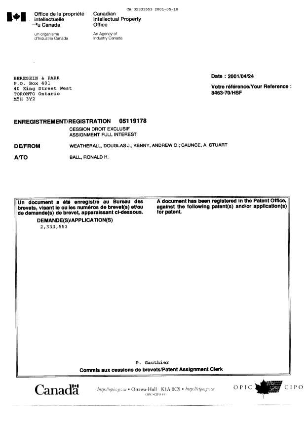 Canadian Patent Document 2333553. Assignment 20010510. Image 2 of 2