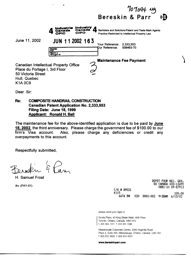 Document de brevet canadien 2333553. Taxes 20020611. Image 1 de 1