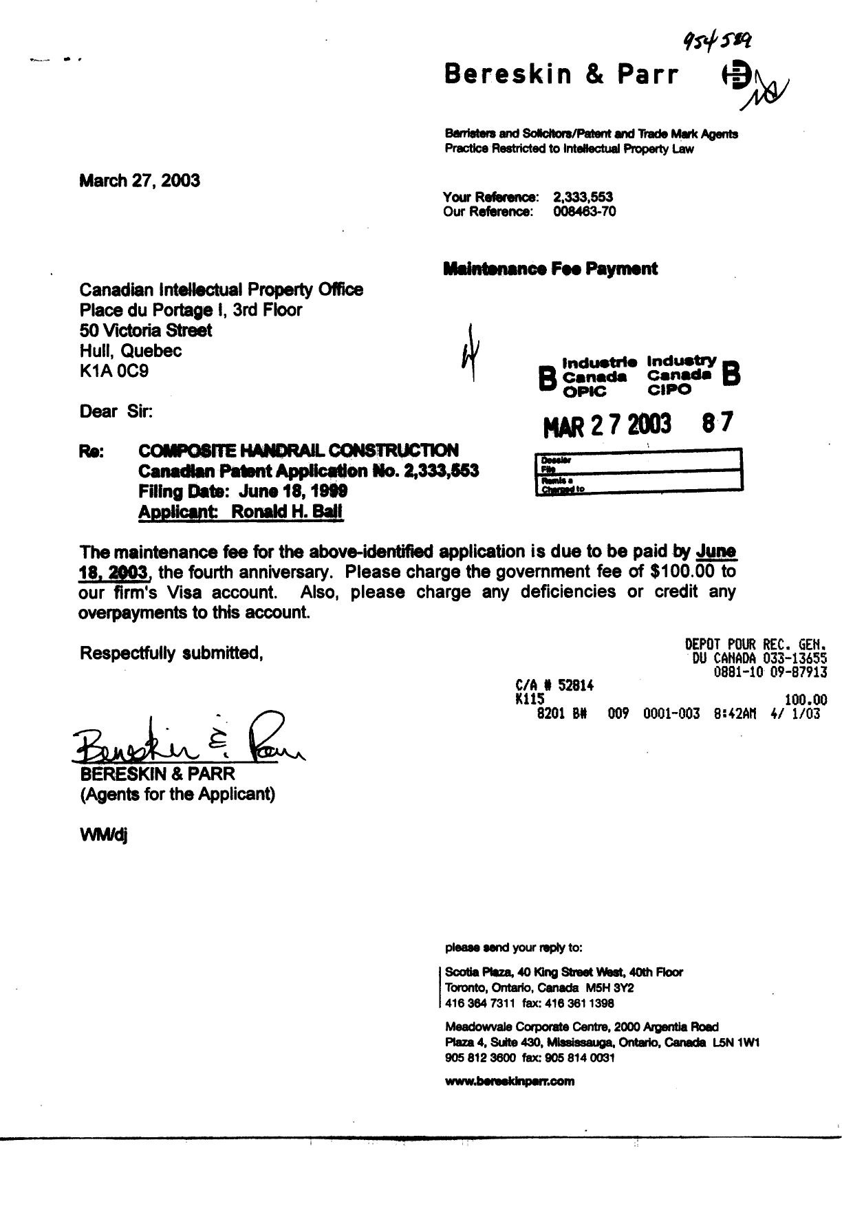 Canadian Patent Document 2333553. Fees 20030327. Image 1 of 1