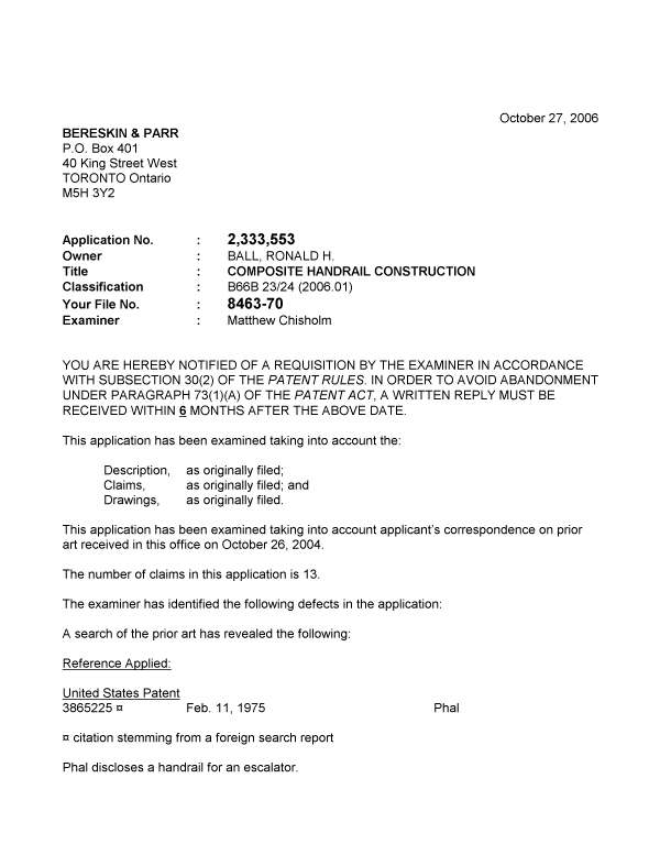 Canadian Patent Document 2333553. Prosecution-Amendment 20061027. Image 1 of 2
