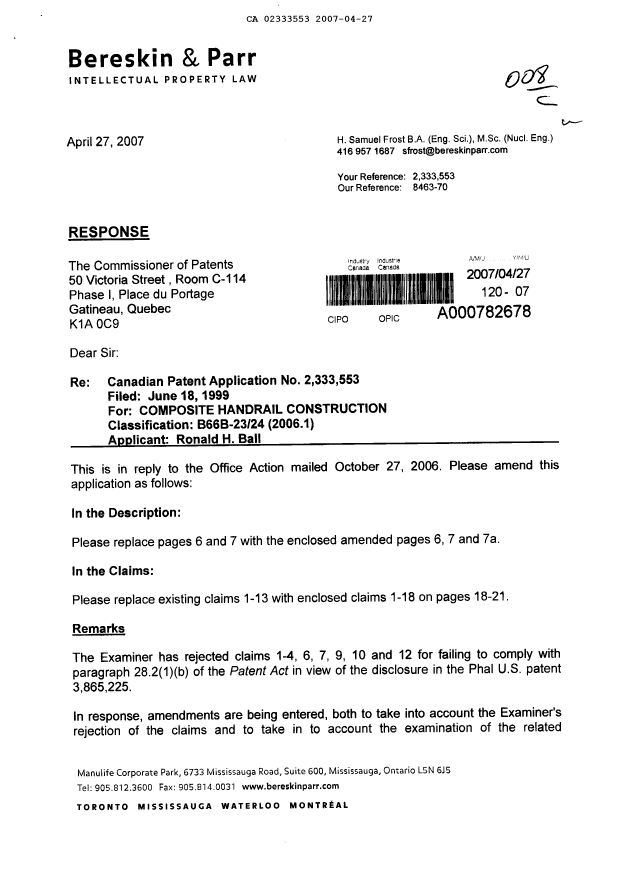 Canadian Patent Document 2333553. Prosecution-Amendment 20070427. Image 1 of 11