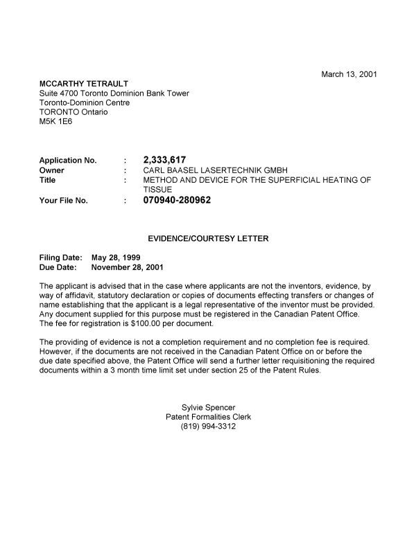 Canadian Patent Document 2333617. Correspondence 20010306. Image 1 of 1